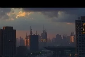 97视频首页主推剧集《雾港码头》第二季横版画面，暴雨夜的集装箱码头与远处灯塔