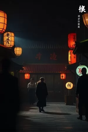 治愈动画《猫町三丁目》竖版海报，深夜屋顶上围坐开会的三只猫